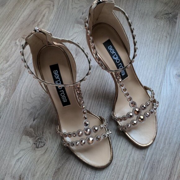 Sergio Rossi Crystal Stud Rose Gold Strappy Stiletto Heels - Picture 4 of 12